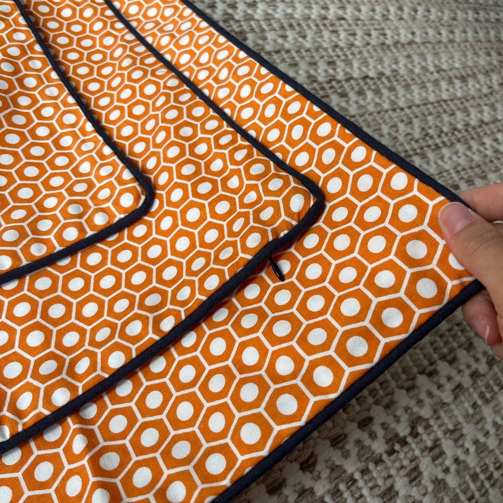 3 Custom Orange and White Pillow with Navy Piping